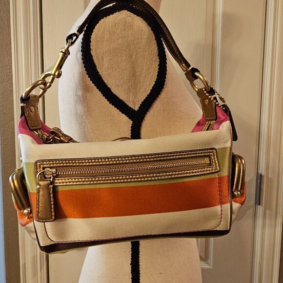 Coach Handbags - COACH Rare Vintage Satin Leather Striped Mini Baguette